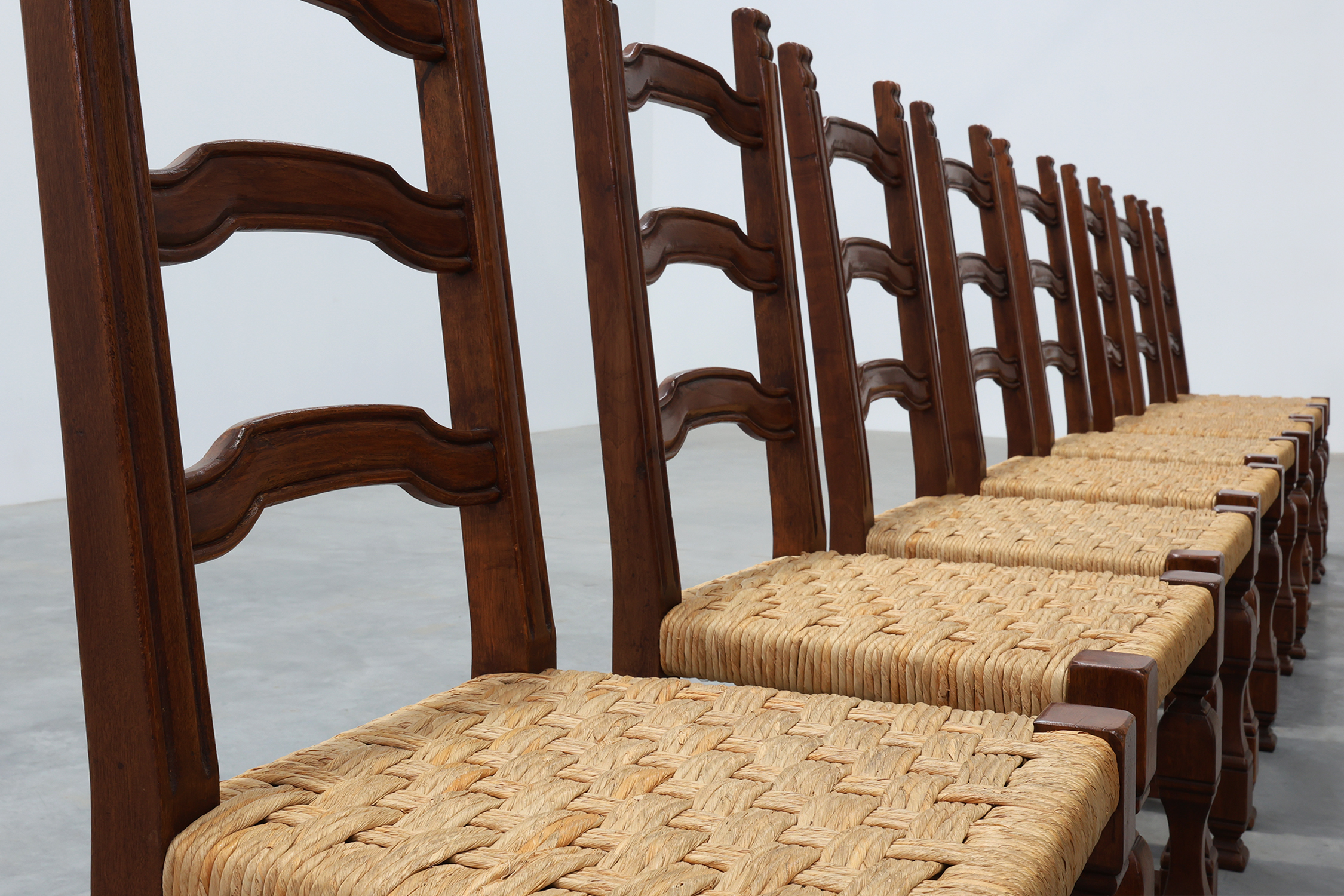 Set of 8 Brutalist Mid-Century Chairs in Wood and Wicker, Belgium ca. 1970thumbnail